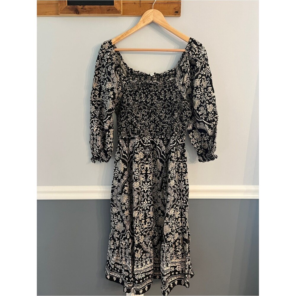 The Pioneer Woman Floral Smocked Midi Dress Black Ivory Pockets Medium
